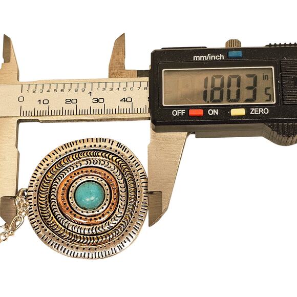 Boho Statement Pendant Necklace Turquoise Center 21" Silver Tone Chain Medallion - Picture 5 of 15